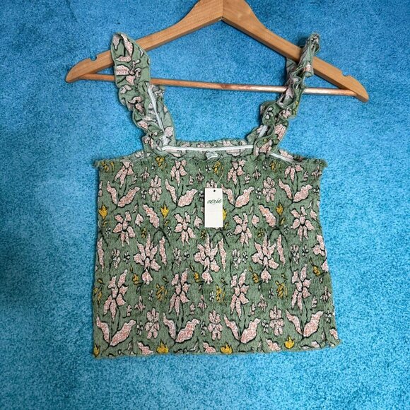 Aerie Tops - Aerie Womens Jungle Thrills Smocked Crop Tank Top Size S Green Flowers Ruffles